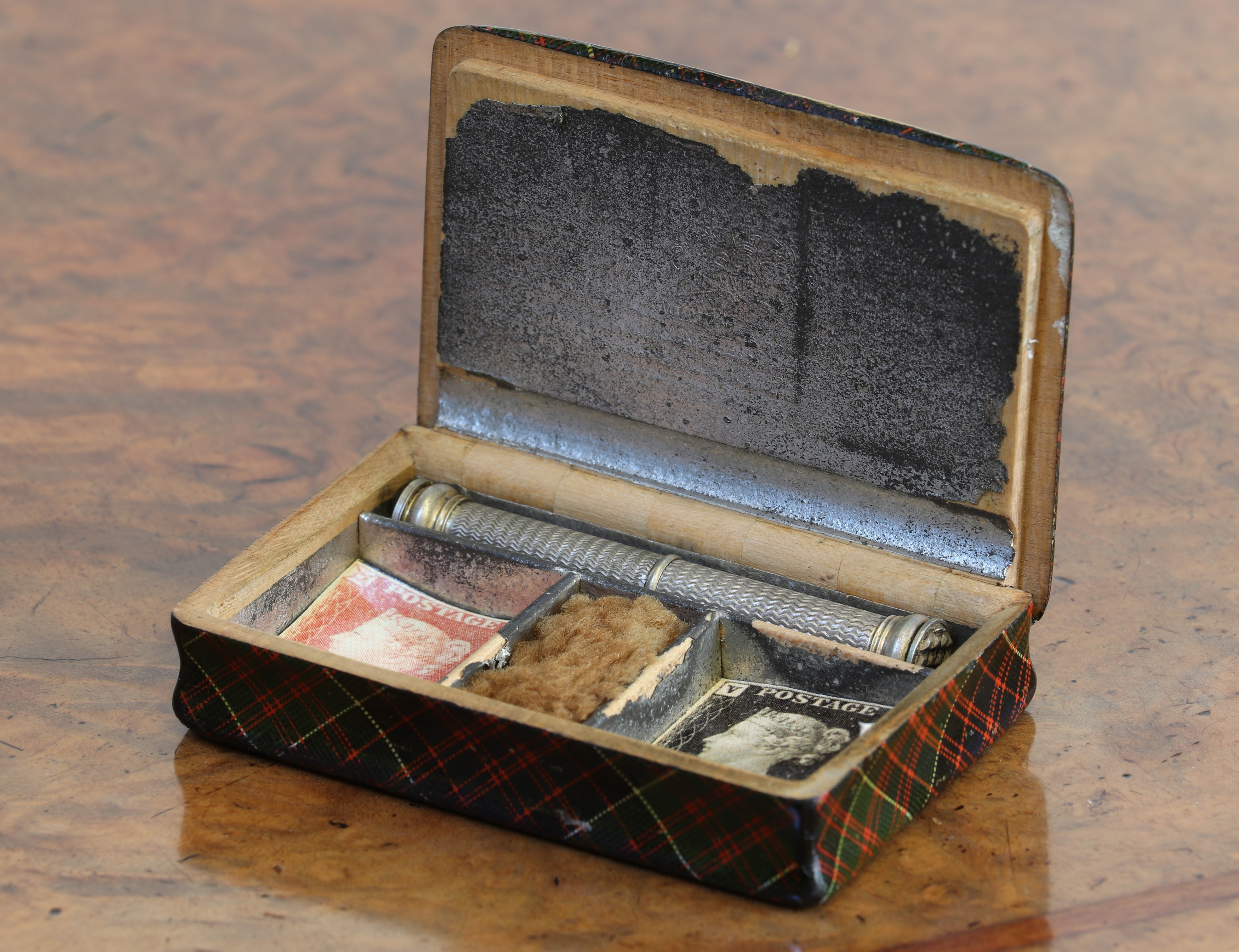 A Tartan Ware converted stamp box (£400-600)